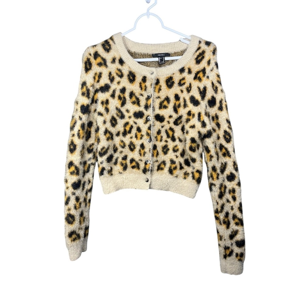 Forever 21 Leopard Print Fuzzy Cardigan Sweater Women's Medium Cozy Cropped